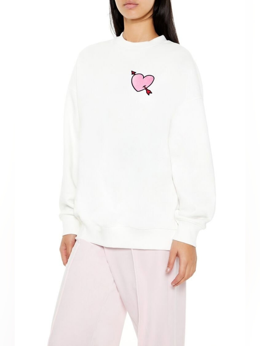 Forever 21 White Sweatshirt with Pink Heart & Arrow Patch